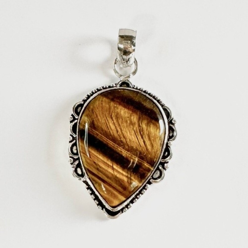 TIGER’S Eye Genuine Stone Pendant 925 Sterling Silver Plated